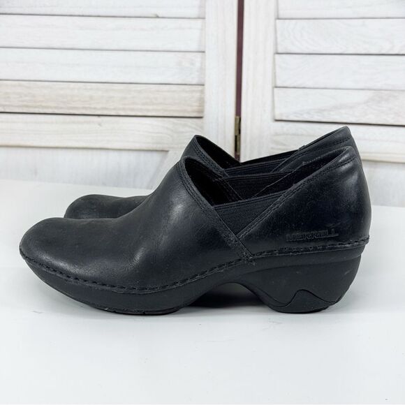 Merrell Emma Nubuck Leather Clog Slip On Black 6 Block Heel - Picture 1 of 10